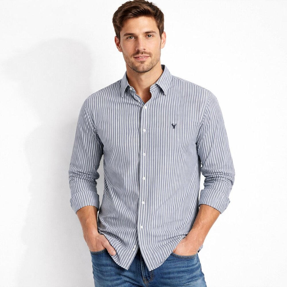 American Eagle Men's L Gray White Stripe Vintage Fit Button Up Shirt Cotton